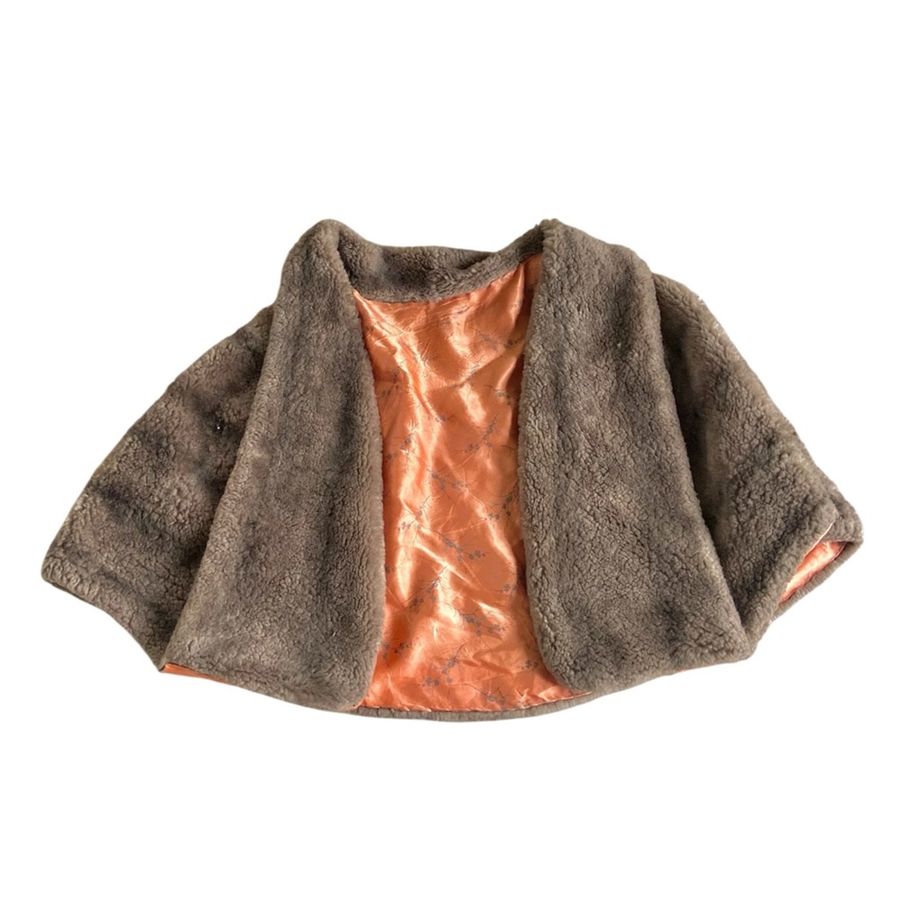 Vintage Brown Faux Fur Throw Cape Jacket with Orange Satin Lining
